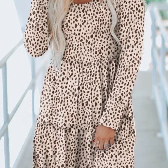 Leopard Animal Print Tiered Long Sleeve Dress - Picture 3 of 12